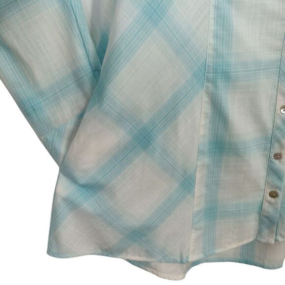 Soft Surroundings Parker Plaid Tunic Top Large Aqua Button Front Pockets Spring - Picture 3 of 8